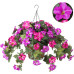 Artificial Hanging Fake Flowers with Basket Plants for Outdoor Decoration, Faux Silk Flower UV Resistant Morning Glory for Home Porch Patio Garden Balcony Yard Look Real (Purple White)
