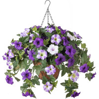 Artificial Hanging Fake Flowers with Basket Plants for Outdoor Decoration, Faux Silk Flower UV Resistant Morning Glory for Home Porch Patio Garden Balcony Yard Look Real (Purple White)