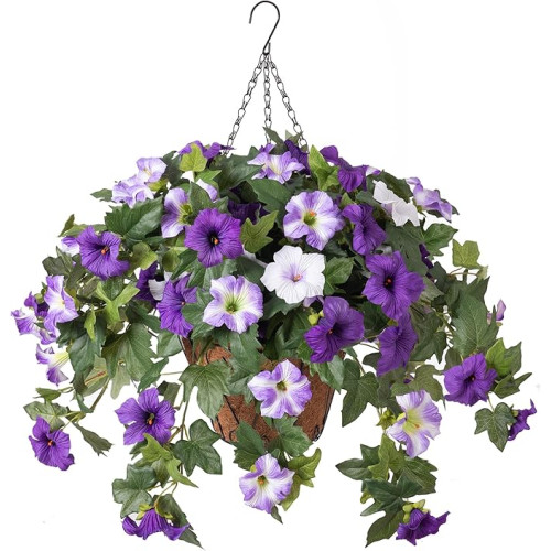 Artificial Hanging Fake Flowers with Basket Plants for Outdoor Decoration, Faux Silk Flower UV Resistant Morning Glory for Home Porch Patio Garden Balcony Yard Look Real (Purple White)