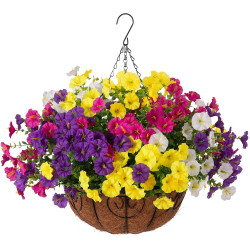 Artificial Fake Hanging Flowers with Basket for Outdoors, Faux Petunias Flowers Fake Hanging Plants with Eucalyptus Realistic UV Resistant for Outside Patio Garden Porch Balcony Yard Decor(4 Colors)